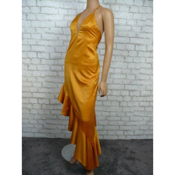 $198 NBD Sunset Golden Yellow That Love Satin Asymmetric Ruffle Gown XS NWT - Picture 8 of 11